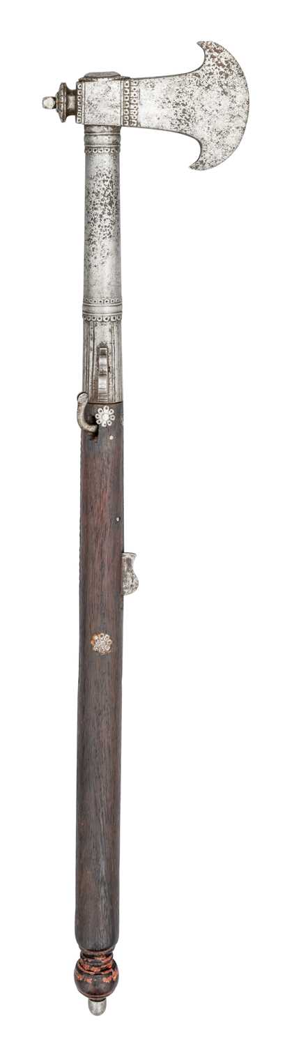 Lot 81 - A RARE INDIAN COMBINED AXE AND MATCHLOCK PISTOL, 18TH CENTURY, POSSIBLY TRAVANCORE, KERALA