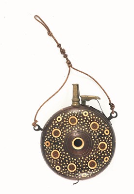 Lot 373 - A GERMAN CIRCULAR INLAID POWDER-FLASK