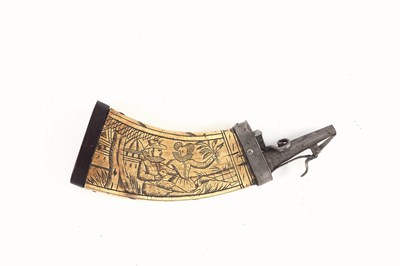 Lot 374 - A GERMAN ENGRAVED COWHORN POWDER-FLASK