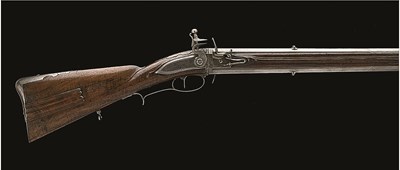 Lot 402 - A 22 BORE GERMAN FLINTLOCK WENDER RIFLE BY JAKUB HEILER