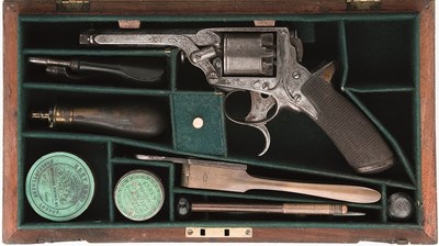 Lot 458 - AN 80 BORE TRANTER PATENT THIRD MODEL FIVE-SHOT PERCUSSION REVOLVER RETAILED BY H.BECKWITH