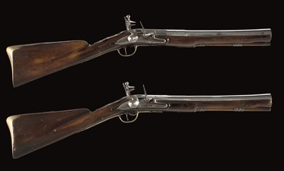 Lot 471 - A RARE PAIR OF FLINTLOCK BLUNDERBUSSES BY JOHN DAFTE