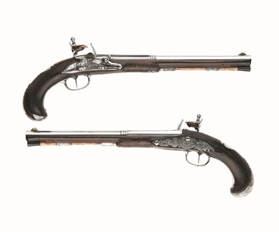 Lot 495 - A PAIR OF SOUTH GERMAN FLINTLOCK RIFLED LONG HOLSTER PISTOLS BY BARTHOLOMÃ„US DAISENBERGER