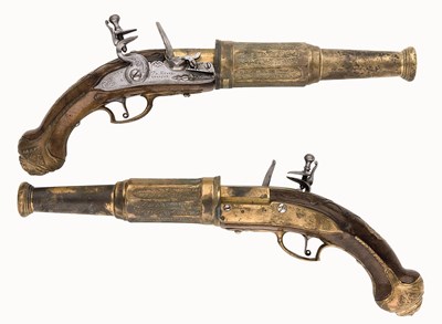 Lot 503 - A RARE PAIR OF DUTCH FLINTLOCK PISTOLS OF EXCEPTIONAL WEIGHT FOR GRAPESHOT AND PYROTECHNIC USE