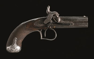 Lot 528 - A RARE SILVER-MOUNTED PERCUSSION OVER-AND-UNDER SINGLE TRIGGER POCKET PISTOL BY JOSEPH EGG