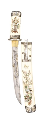Lot 13 - *A JAPANESE SHIBAYAMA IVORY AND SILVER-MOUNTED DAGGER (AIKUCHI-TANTO)