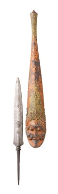 Lot 52 - **AN UNUSUAL SPEAR WITH CARVED SCABBARD