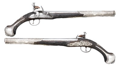 Lot 102 - **A PAIR OF 18 BORE OTTOMAN SILVER-MOUNTED FLINTLOCK HOLSTER PISTOLS