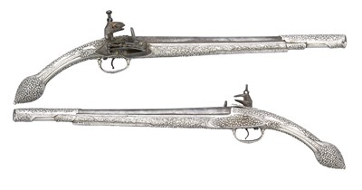 Lot 108 - A PAIR OF 18 BORE SILVER-MOUNTED MIQUELET-LOCK KUBUR PISTOLS