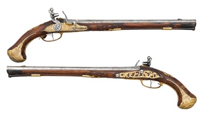 Lot 454 - A FINE PAIR OF 16 BORE VIENNESE LONG FLINTLOCK HOLSTER PISTOLS MADE FOR A MEMBER OF THE BRUNSWICK AND LÜNEBURG FAMILY BY PLONER IN WIENN, CIRCA 1720