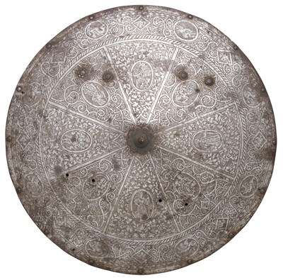 Lot 232 - **AN ETCHED CIRCULAR SHIELD IN ITALIAN LATE 16TH CENTURY STYLE