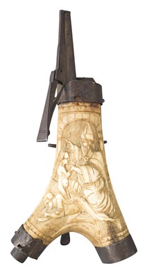 Lot 240 - A GERMAN CARVED STAGHORN POWDER-FLASK