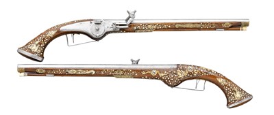 Lot 252 - A PAIR OF 28 BORE GERMAN WHEEL-LOCK HOLSTER PISTOLS