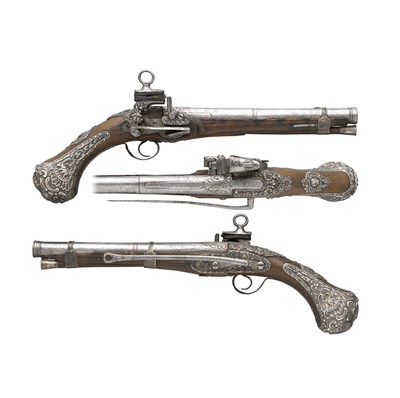 Lot 255 - A RARE PAIR OF 14 BORE SOUTH SPANISH SILVER-MOUNTED MIQUELET-LOCK PISTOLS SIGNED TEXXONES