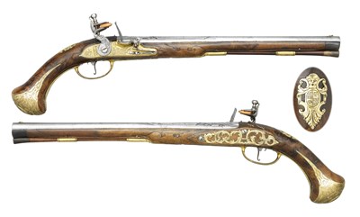 Lot 256 - A FINE PAIR OF 20 BORE AUSTRIAN LONG FLINTLOCK HOLSTER PISTOLS BY JOHAN SCHIFTER