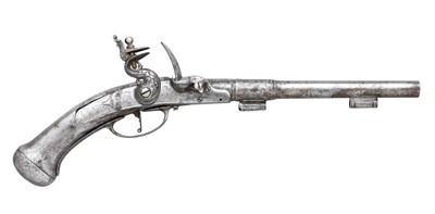 Lot 257 - **A NORTH GERMAN FLINTLOCK HOLSTER PISTOL FORMED ENTIRELY OF STEEL BY CLOETER A MANHEIM