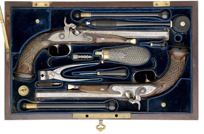 Lot 260 - A CASE PAIR OF 20 BORE FRENCH RIFLED PERCUSSION OFFICER'S PISTOLS BY JACQUAULT A POITIERS