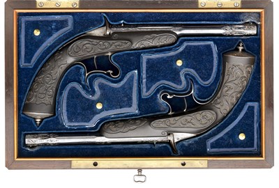 Lot 261 - A CASED PAIR OF .32 CALIBRE RIMFIRE FLOBERT PATENT SALOON PISTOLS RETAILED BY N. COURARD