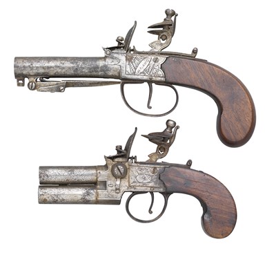 Lot 302 - A 60 BORE OVER-AND-UNDER FLINTLOCK TAP-ACTION PISTOL