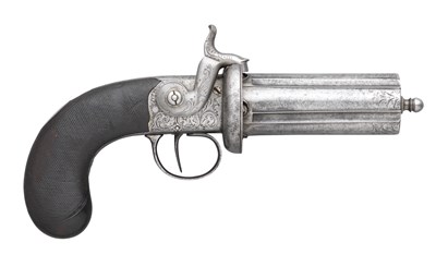 Lot 326 - **A 120 BORE FIVE-SHOT SINGLE ACTION SIDE HAMMER PERCUSSION PEPPERBOX REVOLVER BY SIMMONS