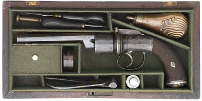 Lot 327 - **A CASED 52 BORE SIX-SHOT TRANSITIONAL PERCUSSION REVOLVER