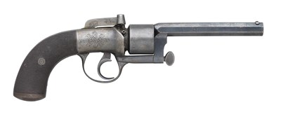 Lot 328 - **AN 80 BORE SIX-SHOT SELF-COCKING TRANSITIONAL PERCUSSION REVOLVER SIGNED HOLLIS & SHEATH