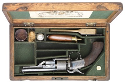Lot 330 - **A CASED 120 BORE SIX-SHOT DOUBLE ACTION GAS SEAL PERCUSSION REVOLVER OF LANG TYPE BY JOHN BLISSETT