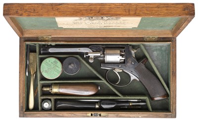 Lot 331 - **A CASED 54 BORE FIVE-SHOT DOUBLE ACTION TRANTER PATENT PERCUSSION REVOLVER BY E. WHISTLER