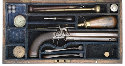 Lot 337 - **A CASED 28 BORE PERCUSSION RIFLED OFFICER'S PISTOL BY B. COGSWELL
