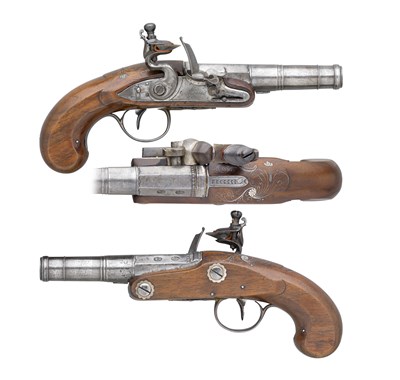 Lot 343 - **A PAIR OF 40 BORE SILVER-MOUNTED FLINTLOCK RIFLED TRAVELLING PISTOLS BY MEWIS & CO.