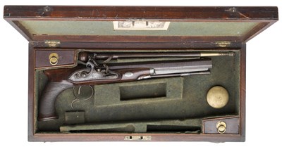 Lot 351 - **A CASED 32 BORE FLINTLOCK DUELLING PISTOL BY HARVEY WALKLATE MORTIMER & SON