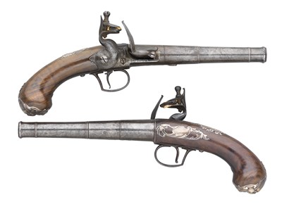 Lot 366 - **A PAIR OF 20 BORE SILVER-MOUNTED FLINTLOCK PISTOLS BY JOSEPH CLARKSON