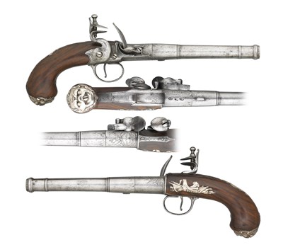 Lot 368 - **A PAIR OF 20 BORE SILVER-MOUNTED FLINTLOCK PISTOLS BY RICHARDS
