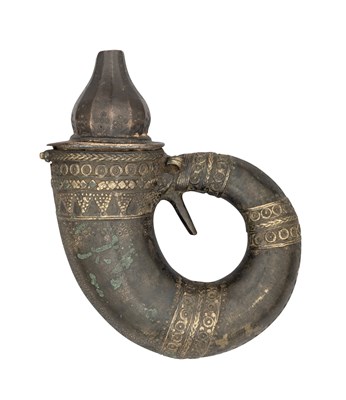 Lot 111 - A SOUTH INDIAN COPPER ALLOY POWDER FLASK, 18TH CENTURY, POSSIBLY MALABAR