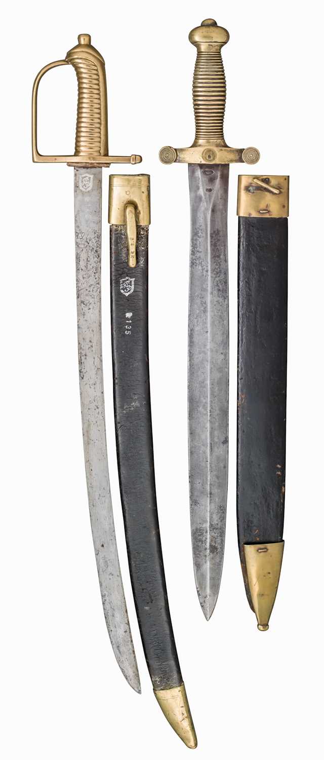 Lot 285 - A FRENCH MODEL 1831 INFANTRY SHORTSWORD (COUPE CHOUX); A DANISH SHORTSWORD