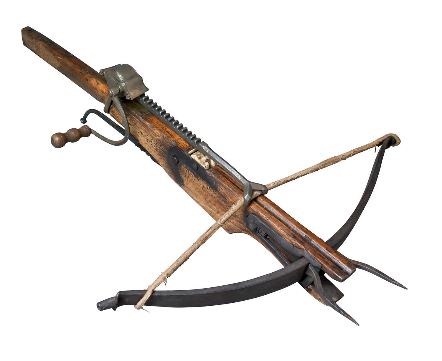 Lot 424 - A FLEMISH TARGET CROSSBOW AND WINDLASS