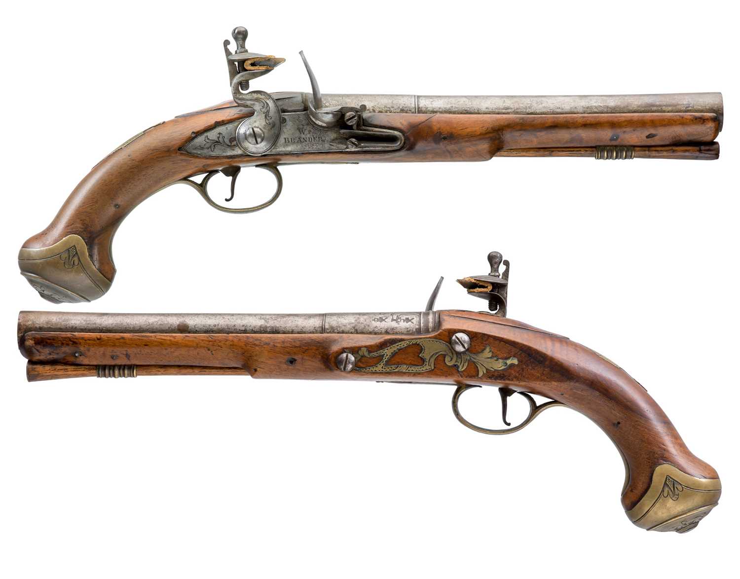 Lot 552 - A PAIR OF 20 BORE FLINTLOCK PISTOLS OF LIVERY TYPE BY WILLIAM (2) BRANDER