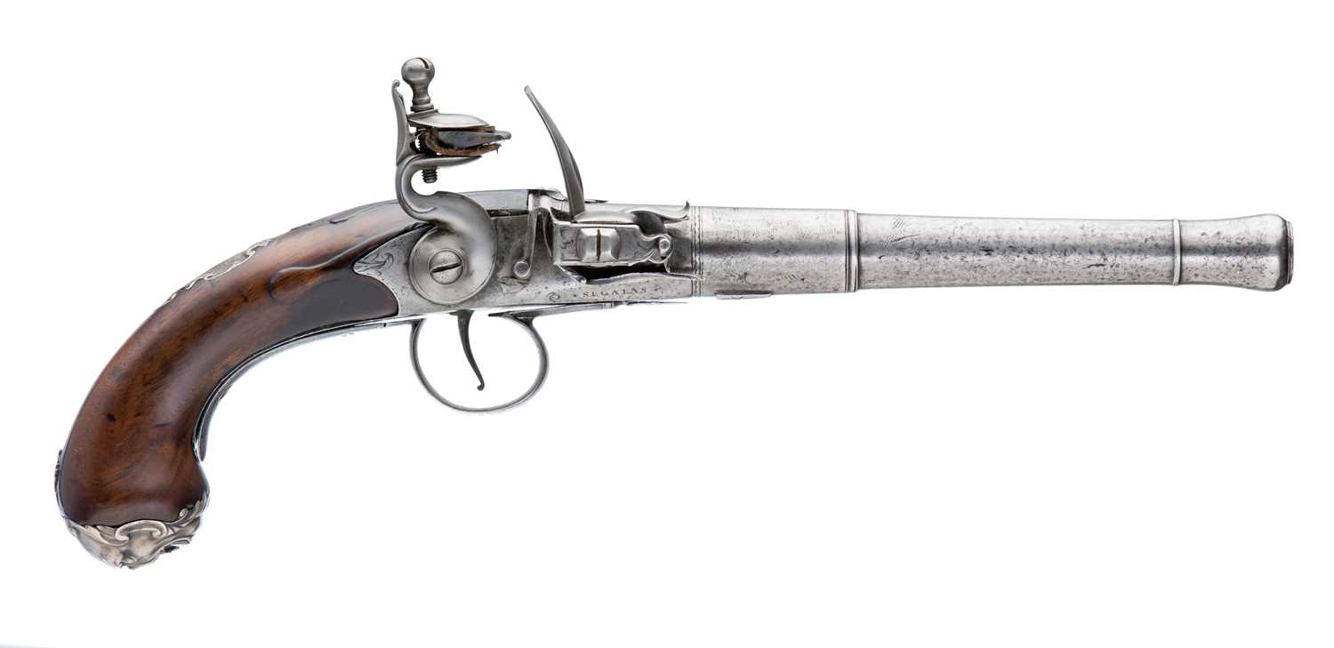 Lot 555 - A 20 BORE FLINTLOCK TURN-OFF PISTOL BY ISRAEL (2) SEGALAS