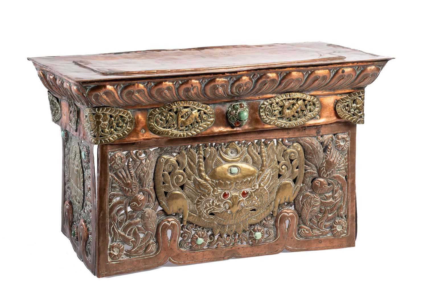 Lot 527 A COPPER REPOUSSE FOLDING ALTAR TABLE, TIBET,