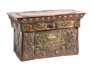 Lot 527 - A COPPER REPOUSSE FOLDING ALTAR TABLE, TIBET, EARLY 20TH CENTURY