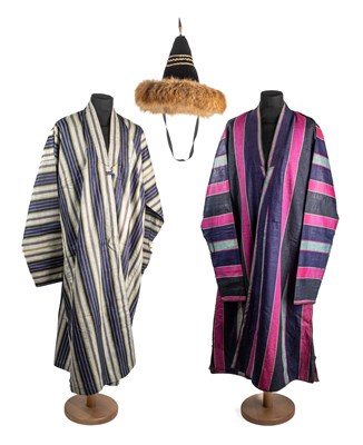 Lot 235 - TWO TURKMEN SILK COATS (CHAPAN) AND A MONGOLIAN HAT, CENTRAL ASIA, 20TH CENTURY