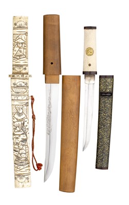 Lot 90 - TWO JAPANESE DAGGERS (TANTO) AND A JAPANESE KNIFE