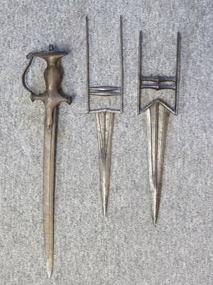 Lot 164 - TWO INDIAN DAGGERS (KATAR) AND ANOTHER DAGGER WITH TALWAR HILT