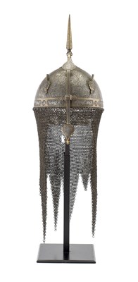 Lot 197 - A PERSIAN ETCHED IRON HELMET (KULAH KHUD)