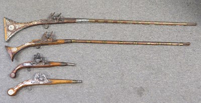 Lot 225 - TWO NORTH AFRICAN SNAPHAUNCE KABLYE MUSKETS AND THREE AFRICAN PISTOLS