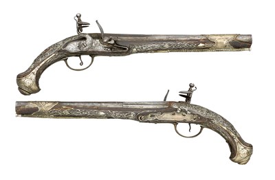 Lot 228 - A PAIR OF 16 BORE TURKISH FLINTLOCK KUBUR PISTOLS