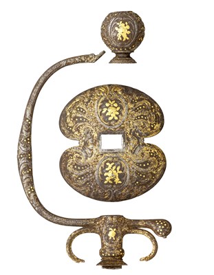 Lot 256 - â€¡ A FRENCH CHISELLED AND GILT RUSSET IRON SMALL-SWORD HILT