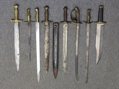 Lot 319 - A RUSSIAN 1834 MODEL SAW-BACK SHORT SWORD; TWO FRENCH MODEL 1831 SHORT SWORDS (COUPE CHOUX) AND FOUR