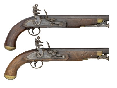 Lot 472 - A RARE PAIR OF 10 BORE FLINTLOCK PISTOLS FOR THE YACHT 'PLEIAD' BY E. & W. BOND