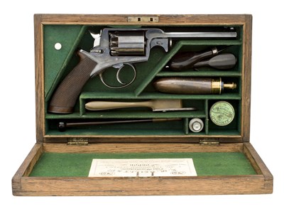 Lot 475 - A CASED 54 BORE FIVE-SHOT PERCUSSION DOUBLE ACTION BEAUMONT ADAMS REVOLVER RETAILED E.M.REILLY & CO.